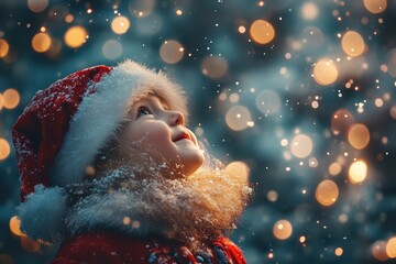 A young child wearing a red hat and a red coat is looking up at the sky, Little Santa