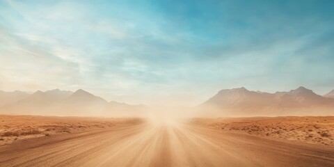 Fototapeta premium A tranquil and picturesque view of a deserted gravel road stretching into the distant horizon, framed by an expansive, arid landscape beneath an uninterrupted clear blue sky that inspires serenity