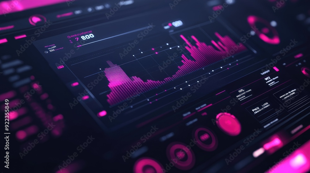 Poster close-up of a modern digital dashboard interface with charts and graphs on a dark background.