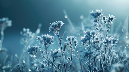 A field of blue flowers covered in frost