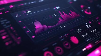 Obraz premium Close-up of a modern digital dashboard interface with charts and graphs on a dark background.