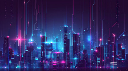 Futuristic landscape with skyscrapers in neon glow.