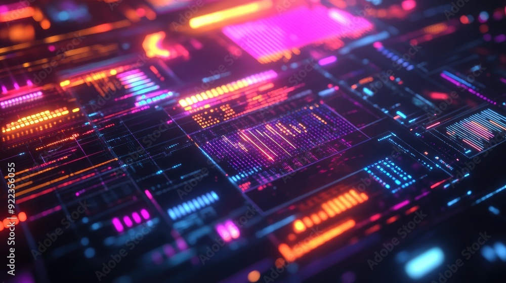 Aufkleber close-up of a virtual reality interface with glowing elements and digital data streams.