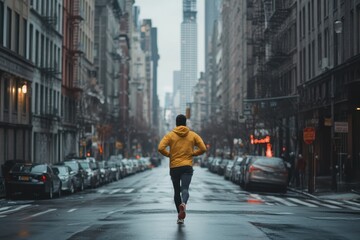 A man in a yellow jacket runs down a city street, Energetic and determined