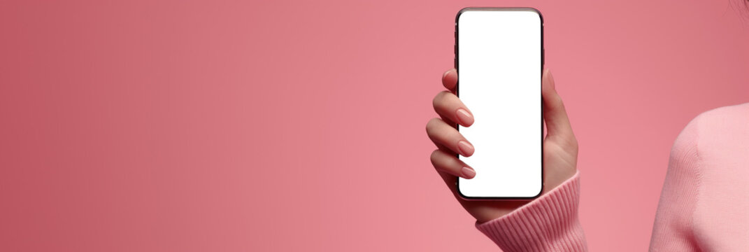 Photo of female hands with smartphone. Mock-up. Isolated screen. PNG