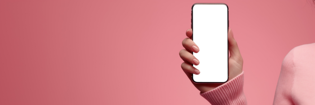 Photo of female hands with smartphone. Mock-up. Isolated screen. PNG