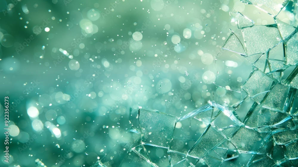 Poster shattered glass pieces glimmering in soft light with bokeh effect in the background