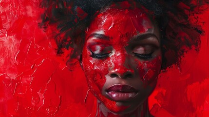 Portrait of a woman with red paint on her face, standing against a vivid red backdrop