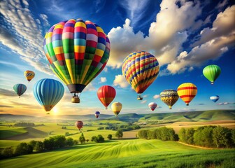 Obraz premium Vibrant hot air balloons of various colors and shapes soar above a green landscape, casting long shadows, against a clear blue sky with puffy white clouds.