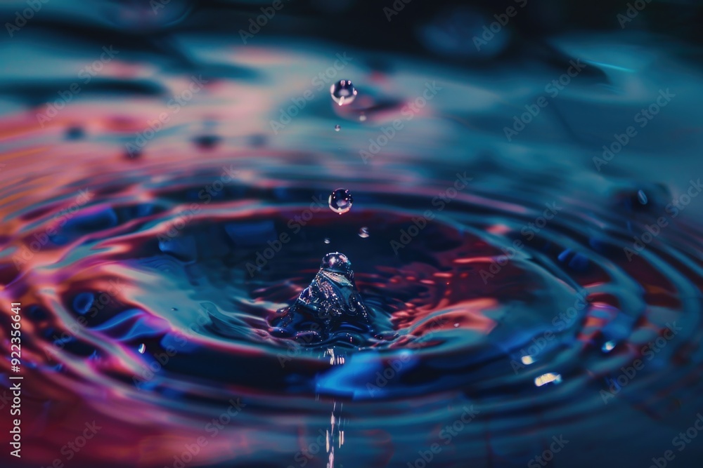 Poster close-up of a water droplet falling into a petri dish with colorful concentric ripples indicating it