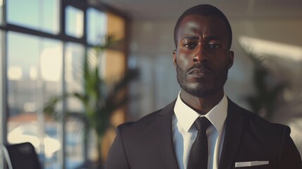 Fototapeta premium A man in a business suit with a confident expression, standing against a white background in an office setting.