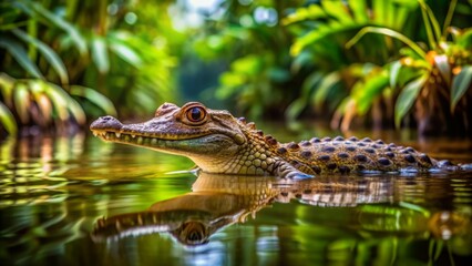 Fototapeta premium A small baby crocodile swims solo in the calm river water, its tiny scaly body gliding effortlessly, surrounded by lush green vegetation and muddy banks.