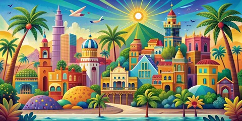 Vibrant colorful illustration depicts a whimsical summer vacation scene with bright buildings, palm trees, and iconic landmarks, evoking joy and friendship in a lively atmosphere.