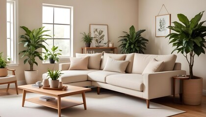 A modern living room with a beige sofa, wooden coffee table, and potted plants in the background.