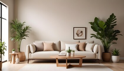 A modern living room with a beige sofa, wooden coffee table, and potted plants in the background.