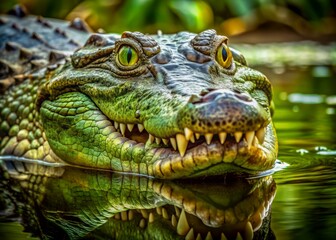 Obraz premium A menacing green crocodile with razor-sharp teeth and scaly skin lies camouflaged in murky swamp water, its piercing eyes staring directly at the viewer.