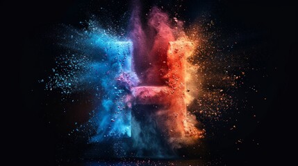 Colorful dust explosion creating a letter H in a dark background