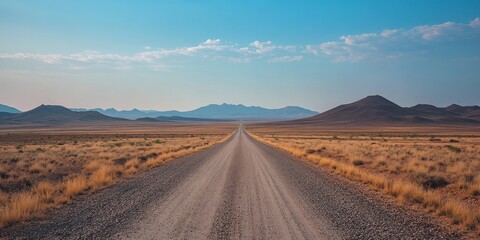 An endless gravel road stretches to the horizon, flanked by barren land and distant mountains, embodying solitude and inviting adventurous exploration in natures tranquil embrace under a vast sky