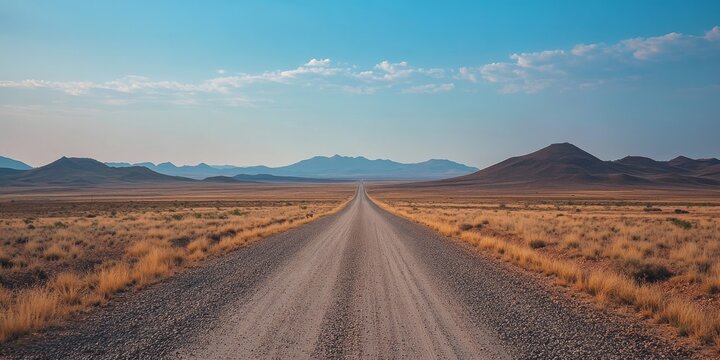 An endless gravel road stretches to the horizon, flanked by barren land and distant mountains, embodying solitude and inviting adventurous exploration in natures tranquil embrace under a vast sky