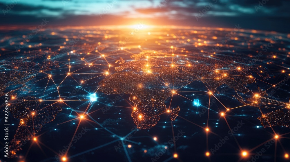 Poster digital business network with glowing connections linking various global nodes.