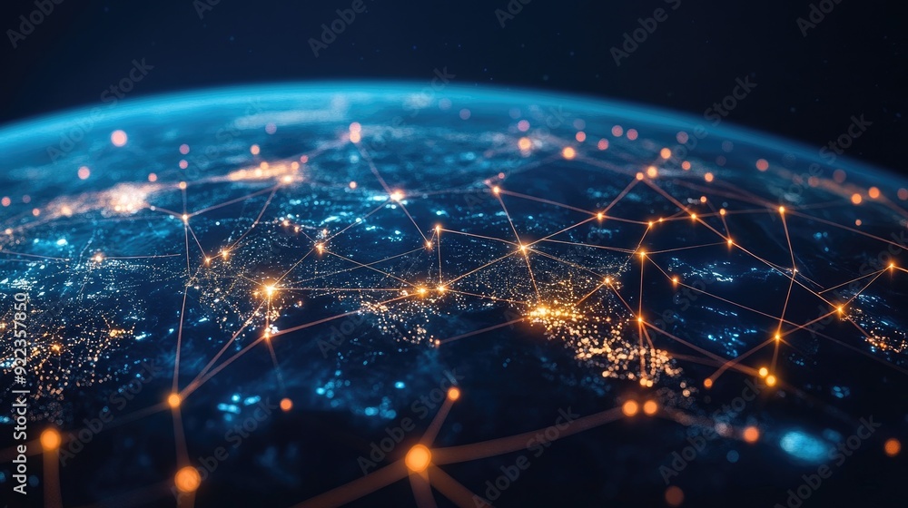 Poster digital business network with glowing connections linking various global nodes.