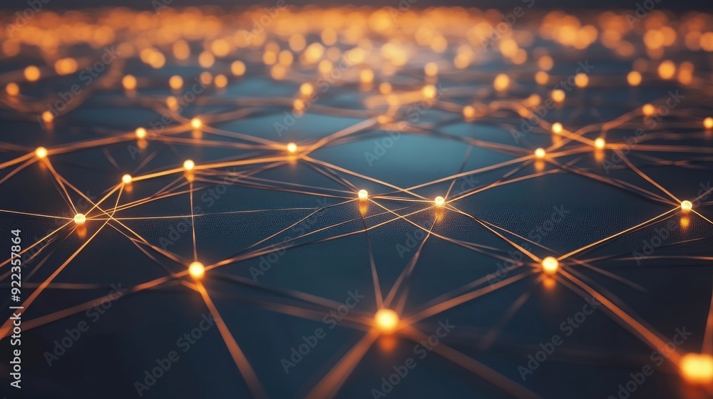 Poster digital business network with glowing connections linking various global nodes.