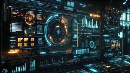 Obraz premium Digital interface with futuristic charts and graphs on a dark, high-tech background.