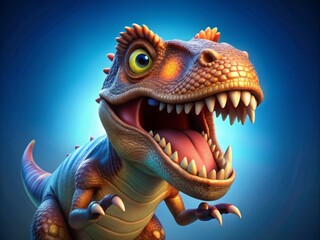 A colorful, friendly 3D cartoon dinosaur with sharp teeth and glowing eyes, its large mouth open in a playful roar, set against a bright blue background.