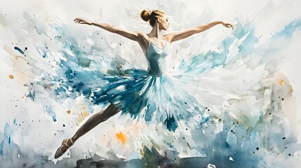 Elegant Watercolor Ballerina Mid-Dance Highlighting Grace and Fluidity of Movement