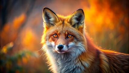 Fototapeta premium Vibrant red fox stands alert, showcasing intricate fur texture, fiery orange hues, and piercing eyes, ideal for wildlife and nature-inspired designs and graphics.