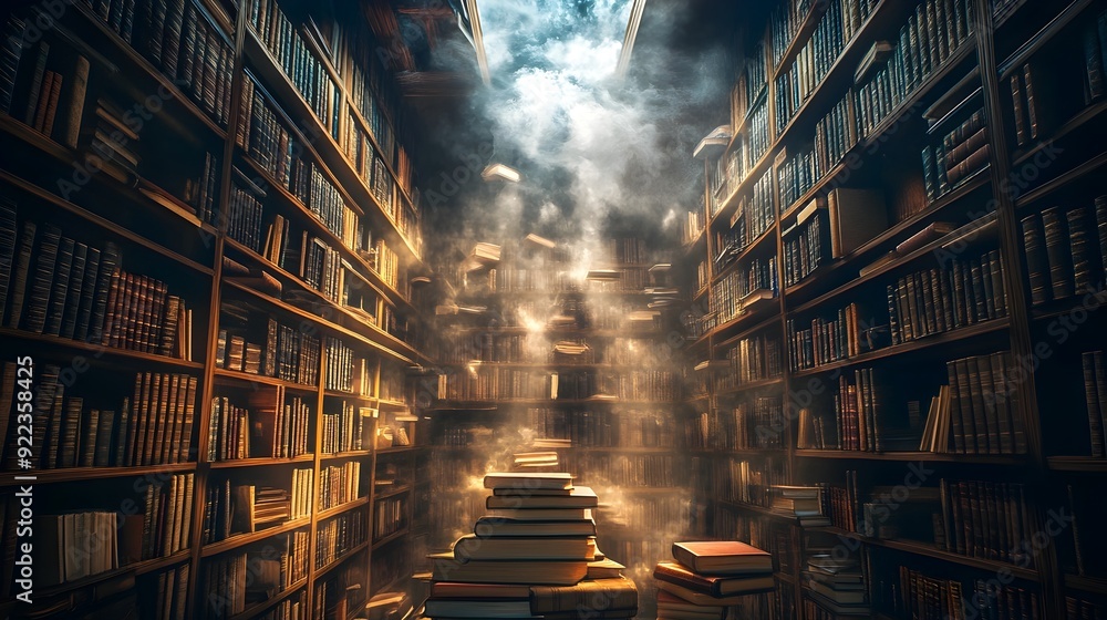 Poster magical library with floating books and ethereal light beams,illustrating a realm of infinite