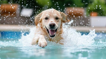 Excited dog splashing in a shallow pool, water droplets flying, as it enjoys a refreshing summer playtime.