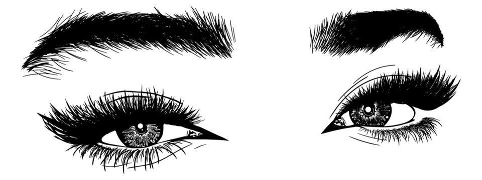 Illustration with woman's eyes, eyelashes and eyebrows. Realistic sexy makeup look. Tattoo design. Logo for brow bar or lash salon.