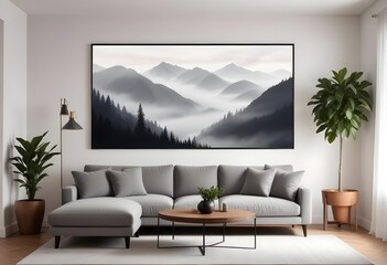  The living room features a gray sofa, a wooden coffee table