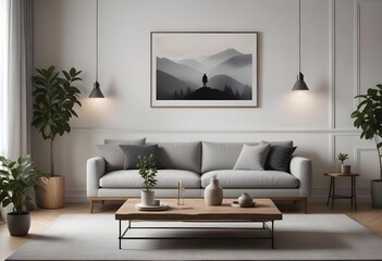  The living room features a gray sofa, a wooden coffee table