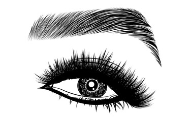 Fototapeta premium Illustration with woman's eye, eyelashes and eyebrow. Makeup Look. Tattoo design. Logo for brow bar or lash salon.