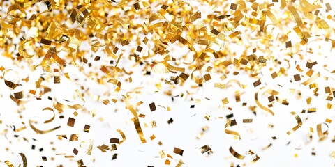 Golden confetti falling on white background.