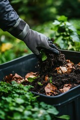Person in gloves transferring soil from box to garden area.