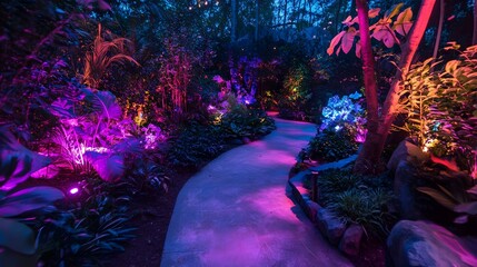 Fototapeta premium Enchanting Nighttime Garden Path with Vibrant Tropical Foliage and Colorful Lighting