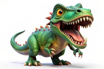 Fototapeta premium Colorful 3D rendered cartoon dinosaur with sharp teeth and glowing green eyes, mouth open wide in a fierce roar, standing on a white background.