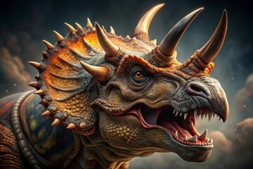 Fototapeta premium Fierce prehistoric Triceratops roars with intense ferocity, showcasing intricate skin texture and razor-sharp teeth in a powerful, lifelike, and intimidating ancient creature portrait.