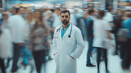A doctor in a lab coat gazes directly at the camera while standing amidst a bustling crowd in a hospital setting.