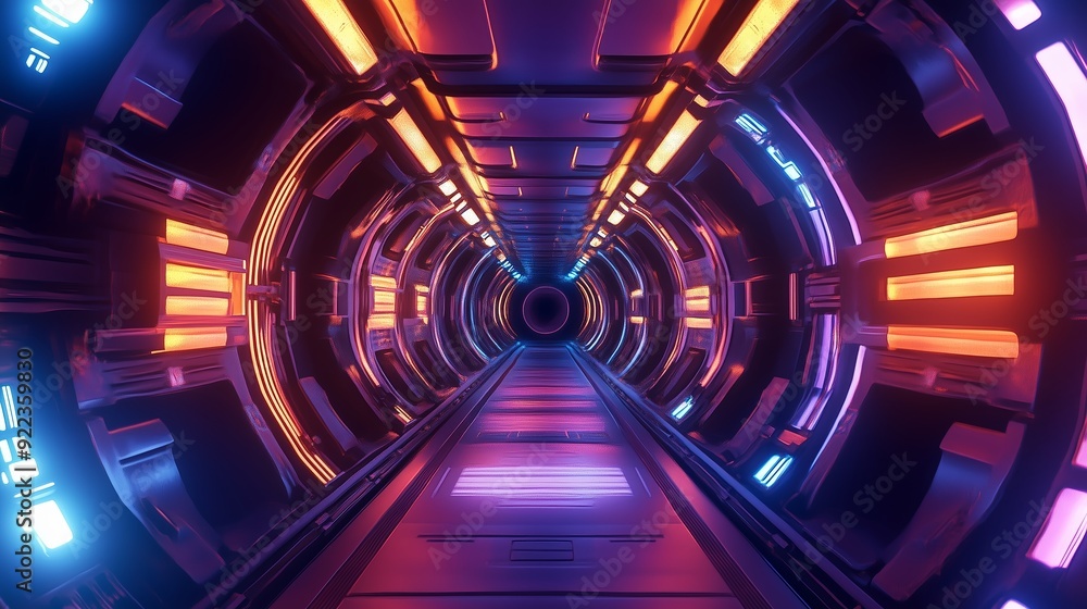 Poster futuristic tunnel illuminated by colorful lights with a sleek design