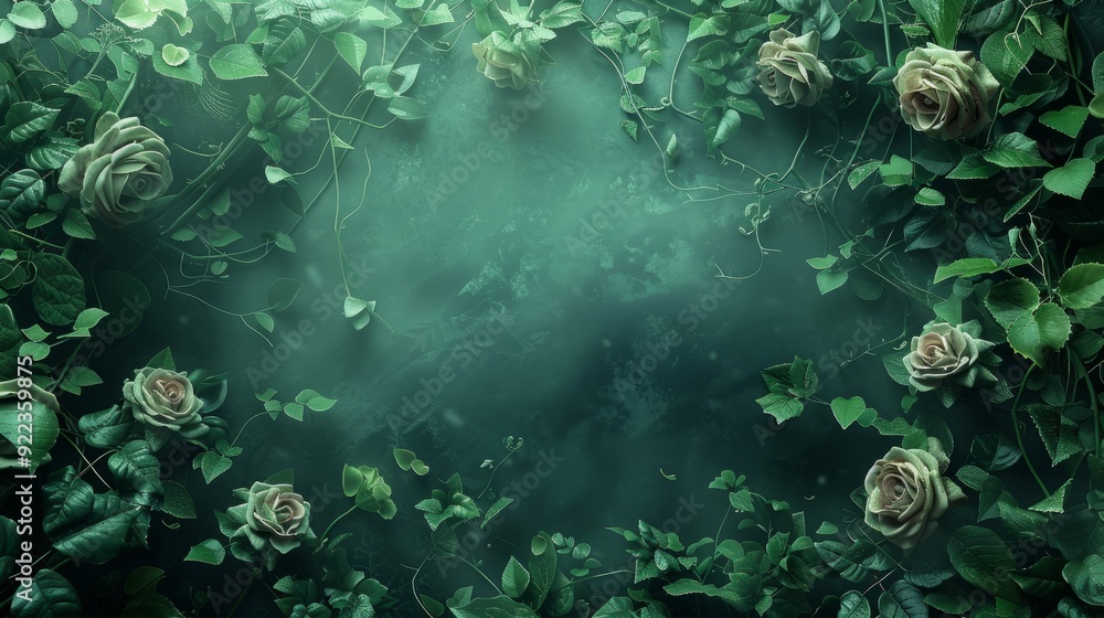 Poster dark green foliage with roses creating a mystical atmosphere in a tranquil garden setting