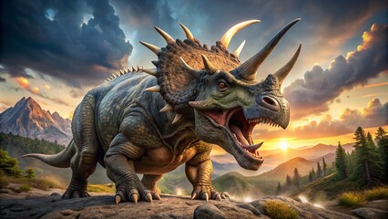 Naklejka premium Fearsome Triceratops roars with ferocious intensity, its intricately textured skin and razor-sharp horns magnificently rendered in a stunning, highly realistic prehistoric scene.