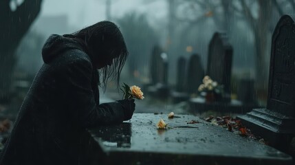 A sad woman, her coat dripping with rain, places a single flower on a gravestone and whispers a goodbye