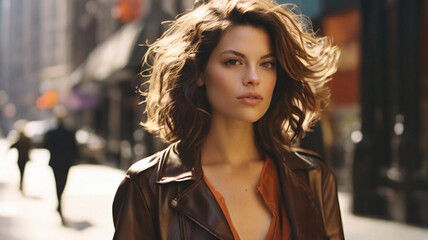 Fototapeta premium Portrait of gorgeous fashionable young woman in leather jacket in the city street, fall fashion streetwear