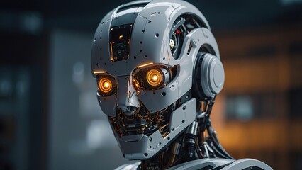 A humanoid robot with expressive features stands outdoors against a blurred urban background during daylight