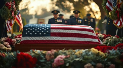 The careful placement of a USA flagdraped casket by a military honor guard on a platform, surrounded by wreaths and flags at a memorial service