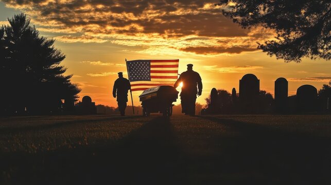 The silhouette of a military honor guard carrying a USA flagdraped casket against a sunset, with shadows stretching across a quiet cemetery